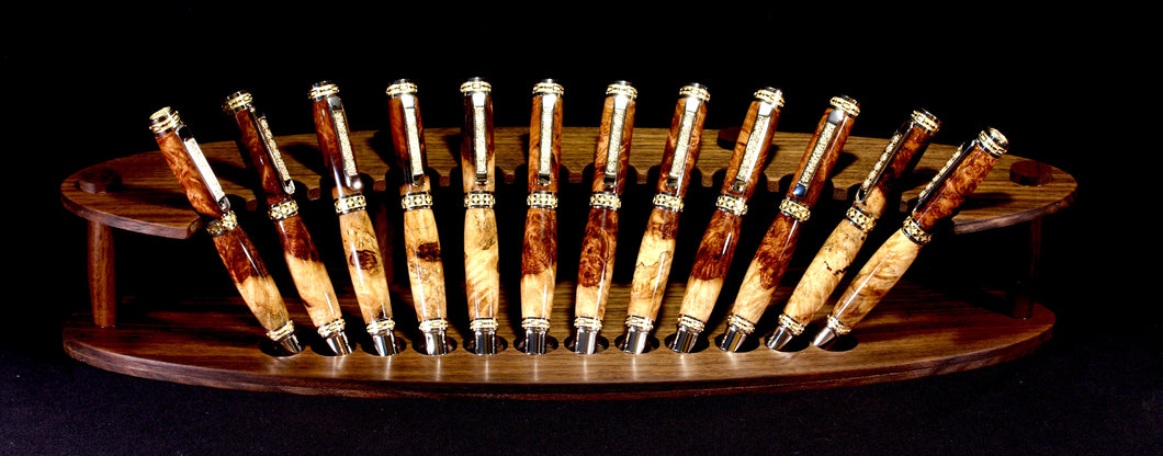 Honduran Rosewood Burl Wood Collector Fountain Pen Set - 12 Individual Fountain Pens and Display